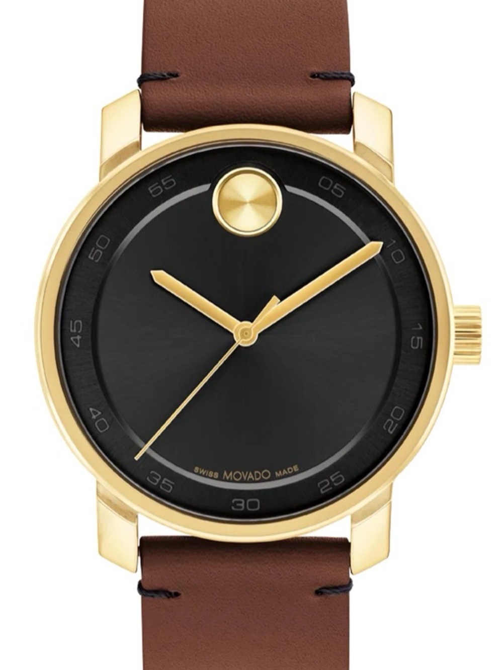Movado bold Gold-Tone Case Black Dial Brown Leather Strap mens Watch